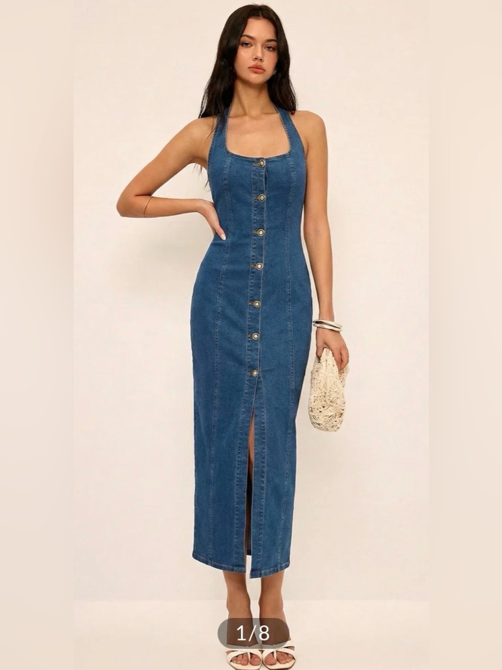 Commense Denim Halter-Front Maxi Dress